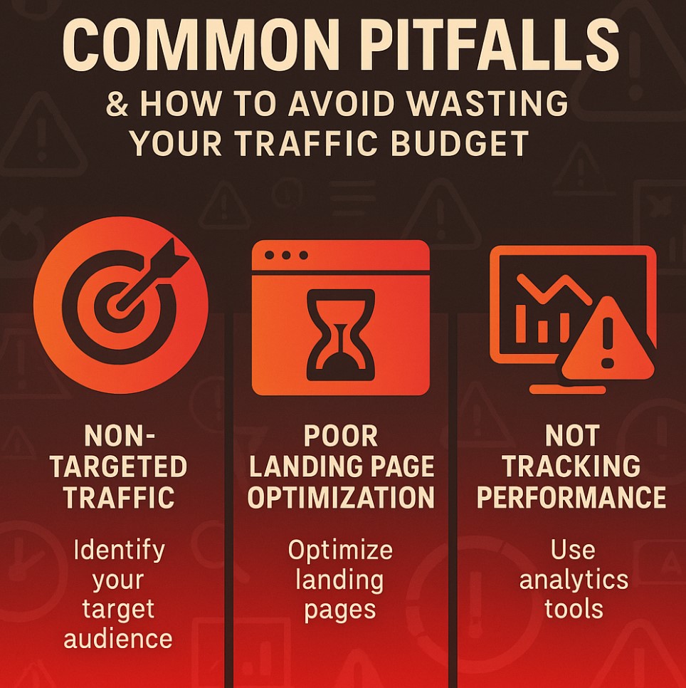 Infographic showing common pitfalls in traffic budgeting: non-targeted traffic, poor landing page optimization, and not tracking performance.
