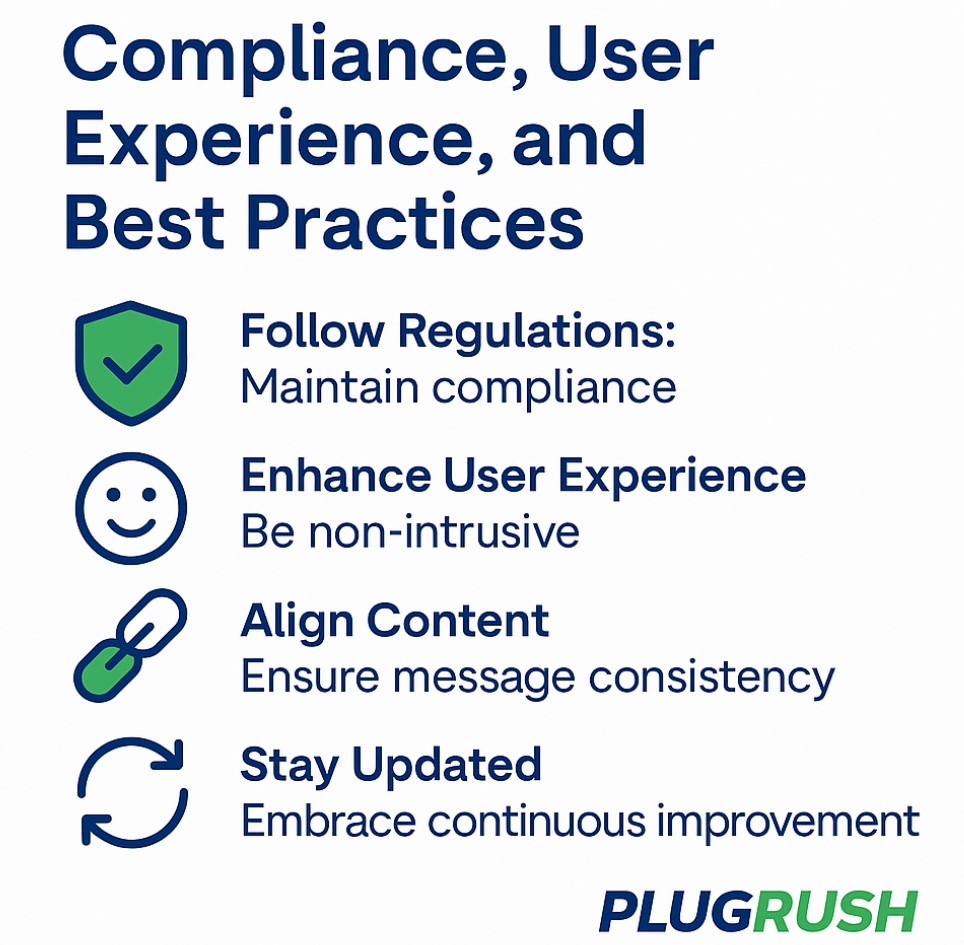 Flat infographic on popunder compliance and UX: follow regulations, be non-intrusive, align content, stay updated; PlugRush logo.