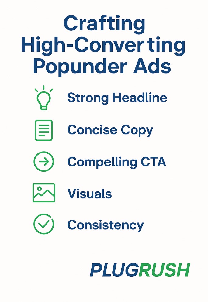 Clean flat infographic on crafting high-converting popunder ads—headline, concise copy, strong CTA, visuals, consistency