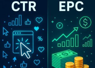 Why EPC Matters More Than CTR in Affiliate Marketing CTR vs EPC graphic showing clicks and engagement on one side versus revenue growth and money on the other.