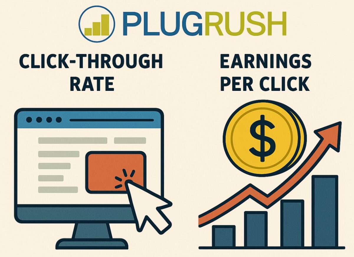 PlugRush infographic showing click-through rate with a computer screen and earnings per click with a rising chart and dollar coin.