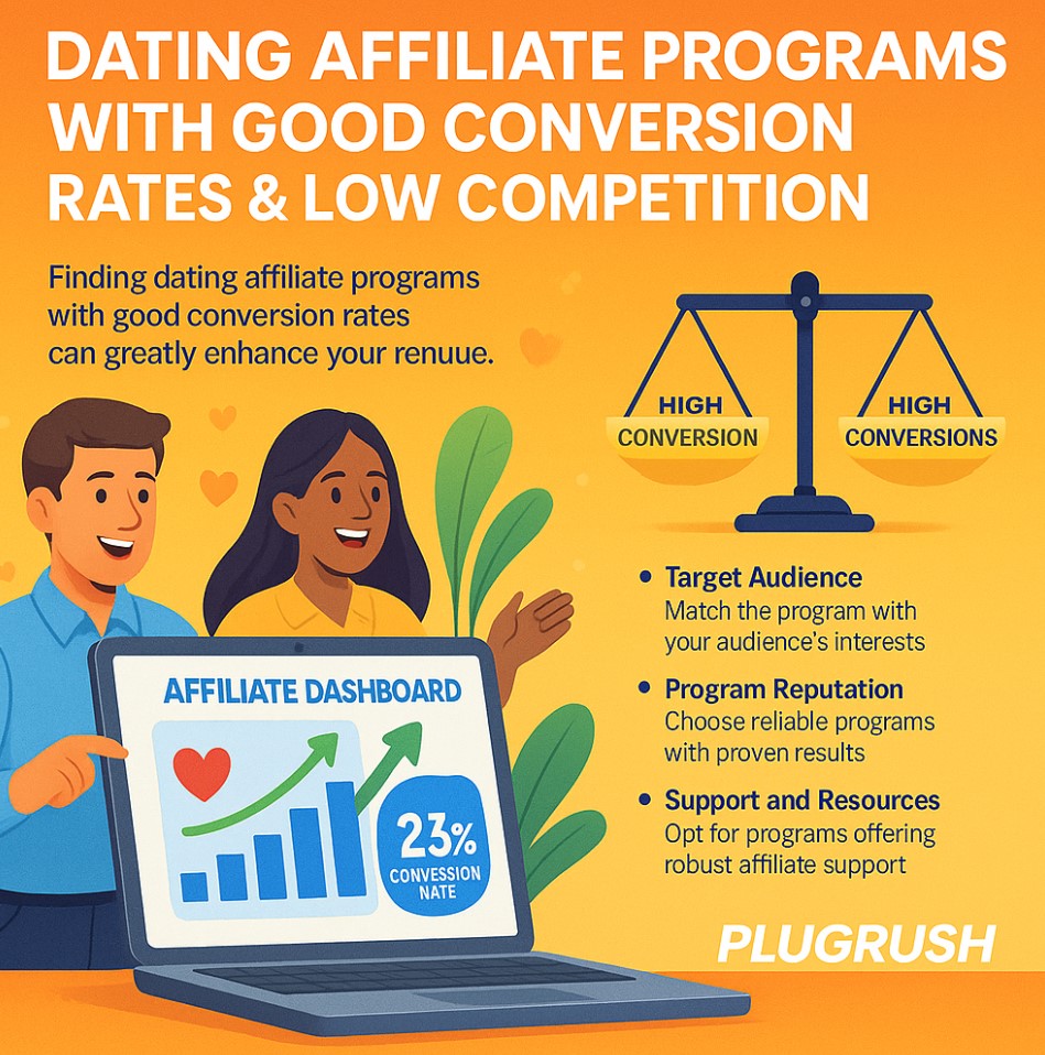 Two people view an affiliate dashboard showing 23% conversions, with a high conversions scale and PlugRush logo for dating affiliate programs.