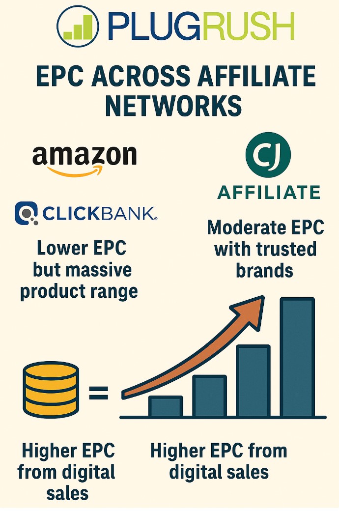 PlugRush infographic comparing EPC: Amazon lower, ClickBank higher, CJ Affiliate moderate, shown with icons and bar chart.