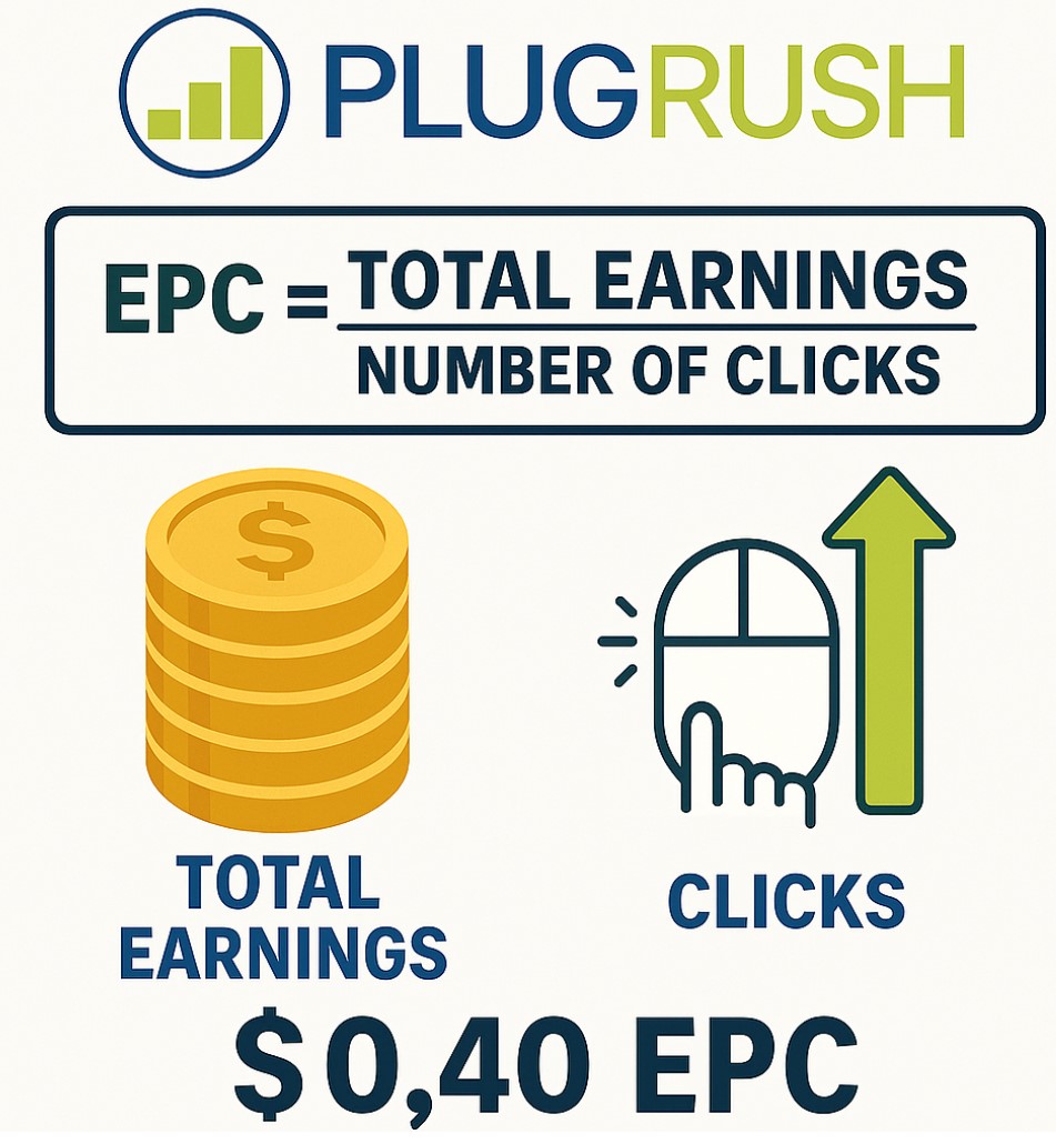 PlugRush infographic showing EPC formula with total earnings as coin stack, clicks as mouse icon, and example result of $0.40 EPC.