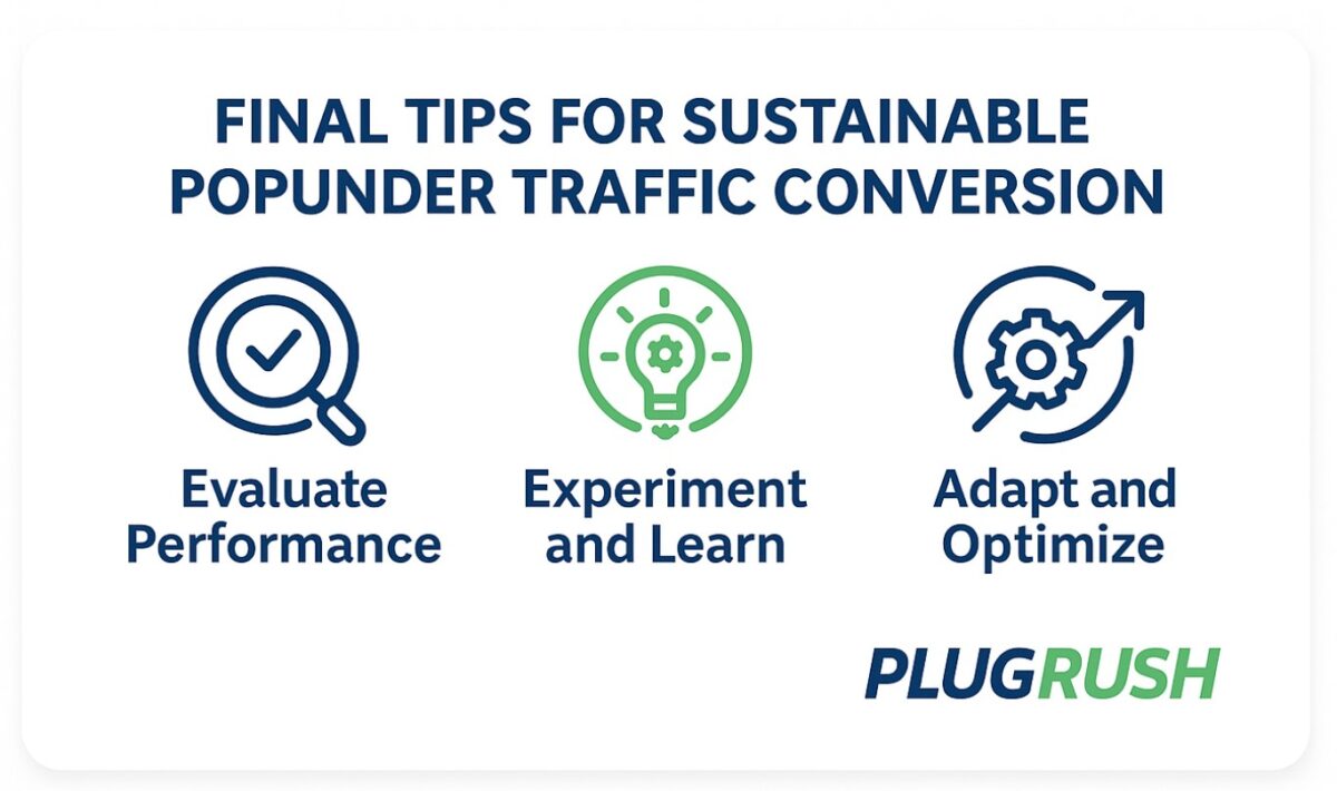 Clean flat infographic with three tips, Evaluate Performance, Experiment and Learn, Adapt and Optimize