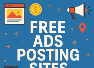 Top Free Ads Posting Sites for Online Marketing Success Colorful digital marketing icons surrounding bold text that says 'Free Ads Posting Sites' on a blue background, representing online advertising platforms