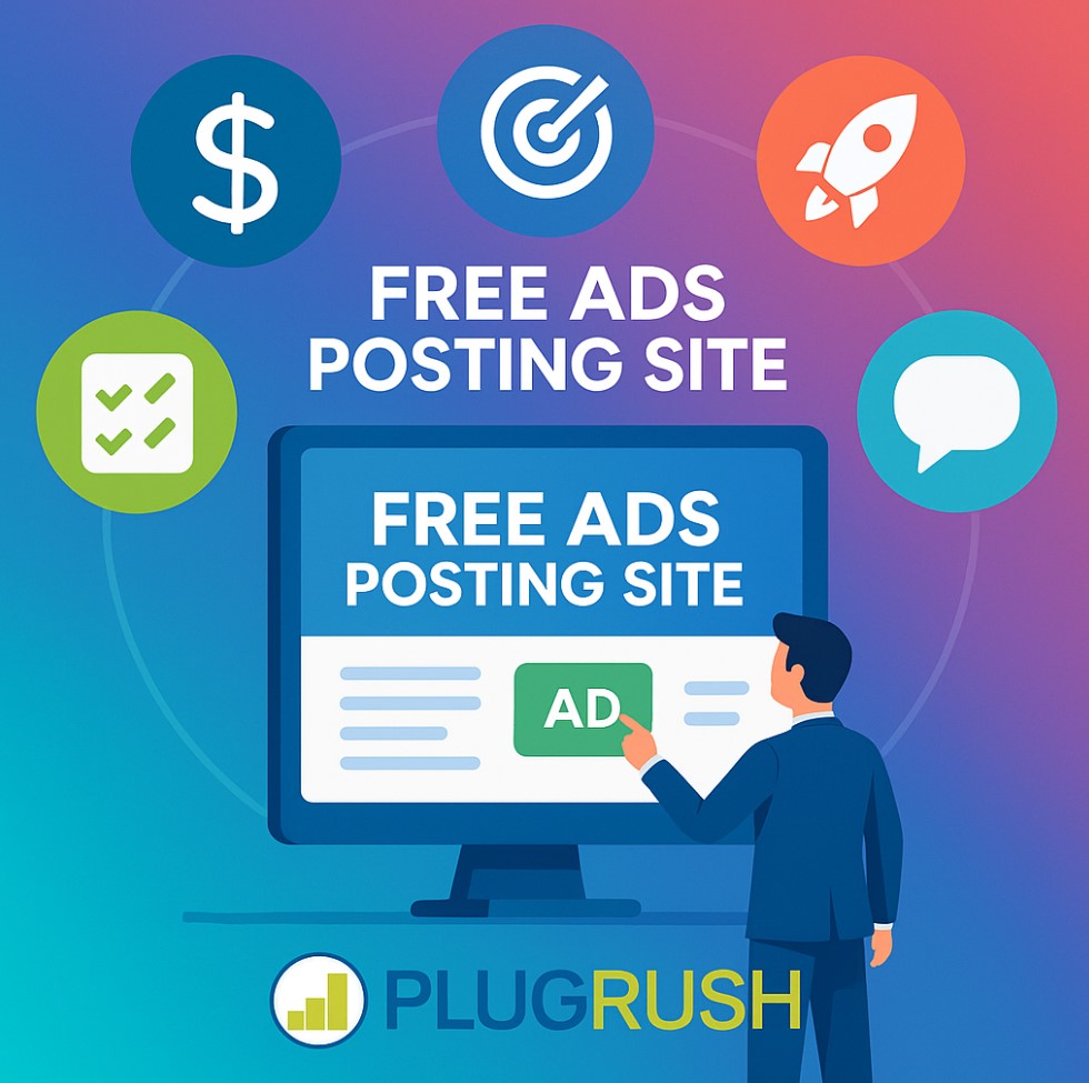 Man clicking “AD” on a computer screen that says “Free Ads Posting Site” with PlugRush logo and marketing icons on a colorful gradient background.