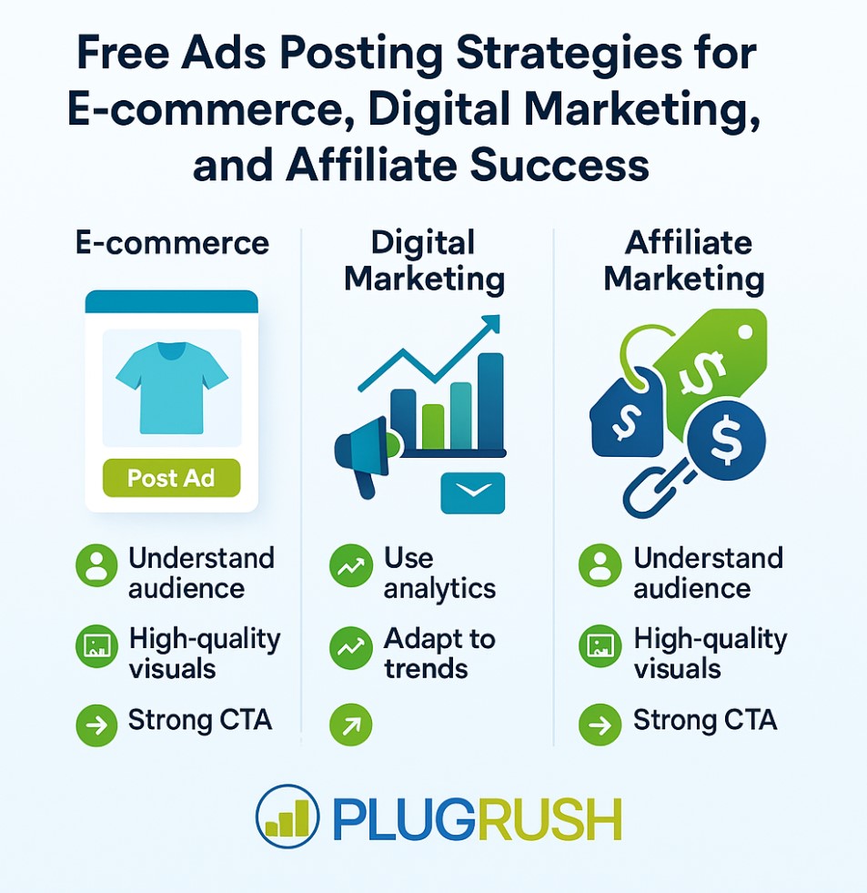 Infographic showing free ads posting strategies for e-commerce, digital marketing, and affiliate marketing with visuals, tips, and PlugRush logo.