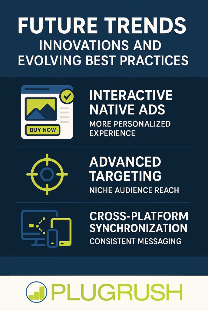 Infographic showing future trends in advertising: interactive native ads, advanced targeting, and cross-platform synchronization.