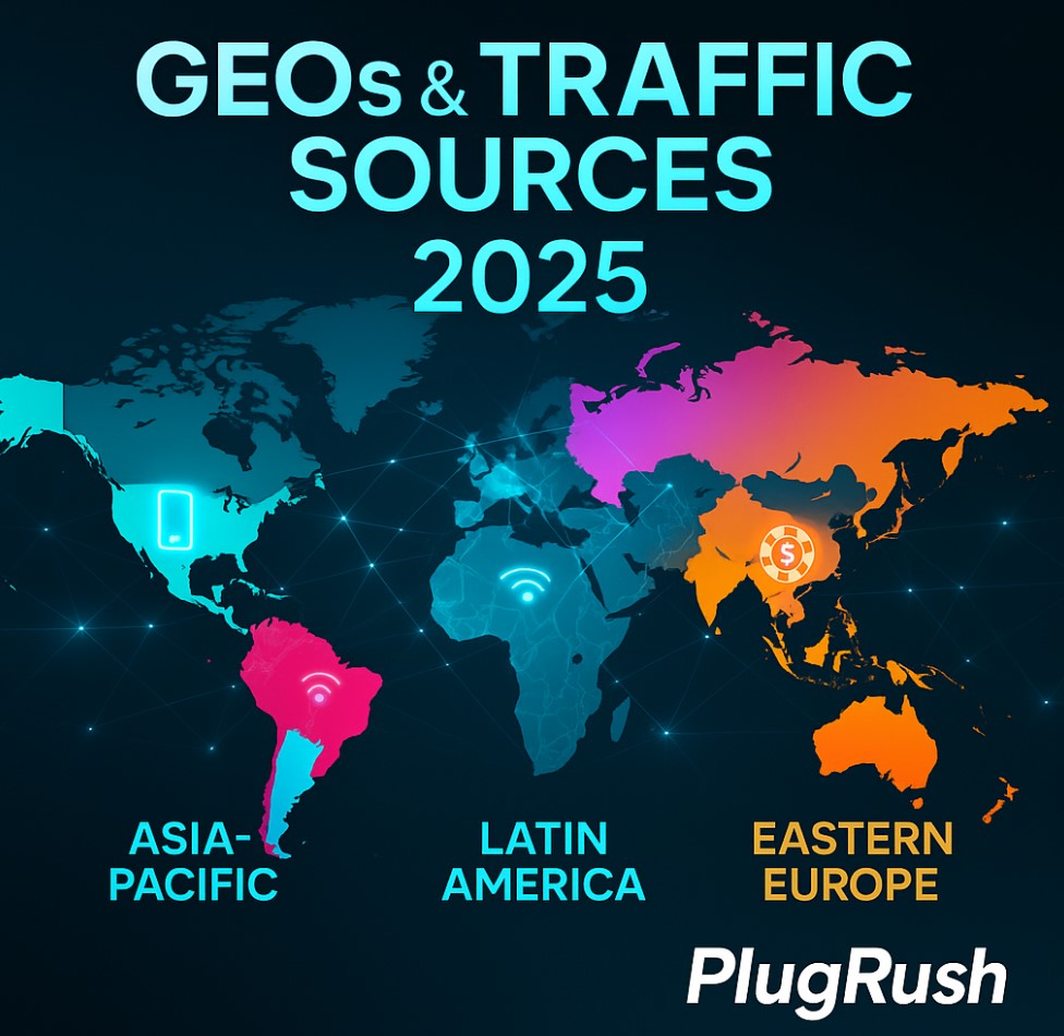 Infographic showing the GEOs & traffic sources for gambling traffic for 2025.