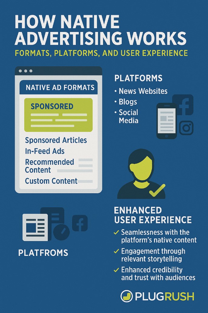 Infographic explaining how native advertising works with formats, platforms, and enhanced user experience.