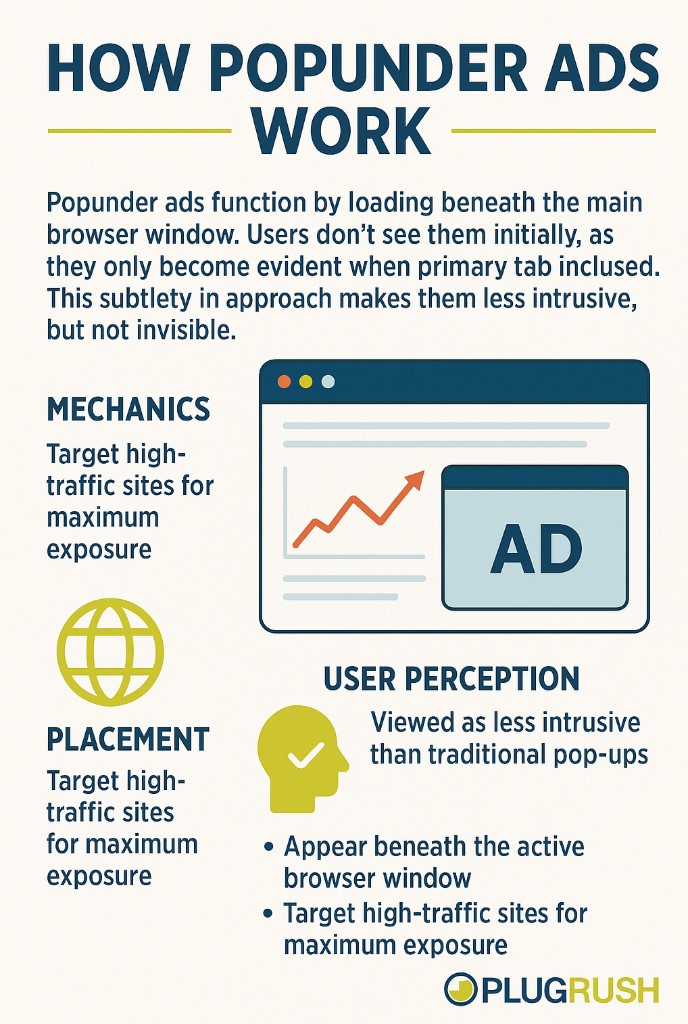 Infographic explaining how popunder ads work with mechanics, placement, and user perception details.