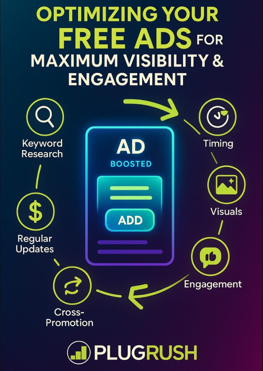 Infographic showing how to optimize free ads for visibility and engagement using keyword research, timing, visuals, updates, and PlugRush branding.