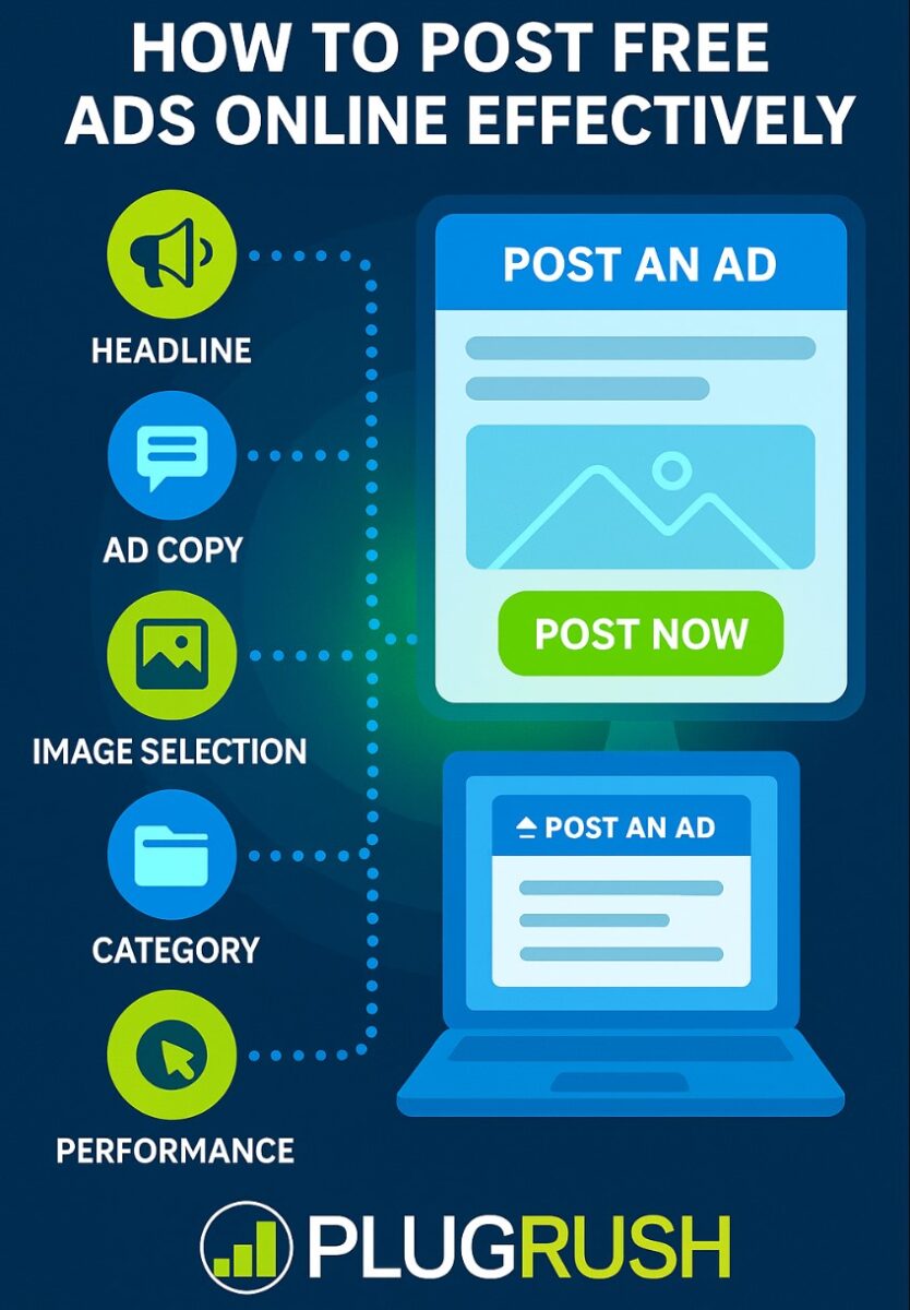 Infographic showing how to post free ads online effectively, highlighting headline, ad copy, image selection, category, and performance, with PlugRush logo.