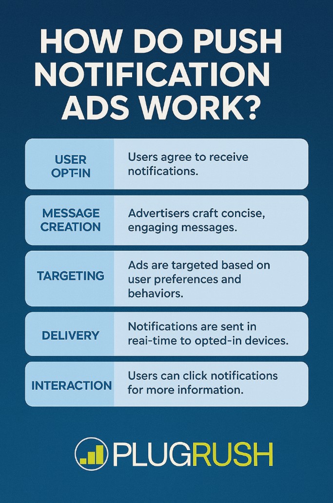 Infographic showing five steps of how push notification ads work, with PlugRush logo at the bottom.