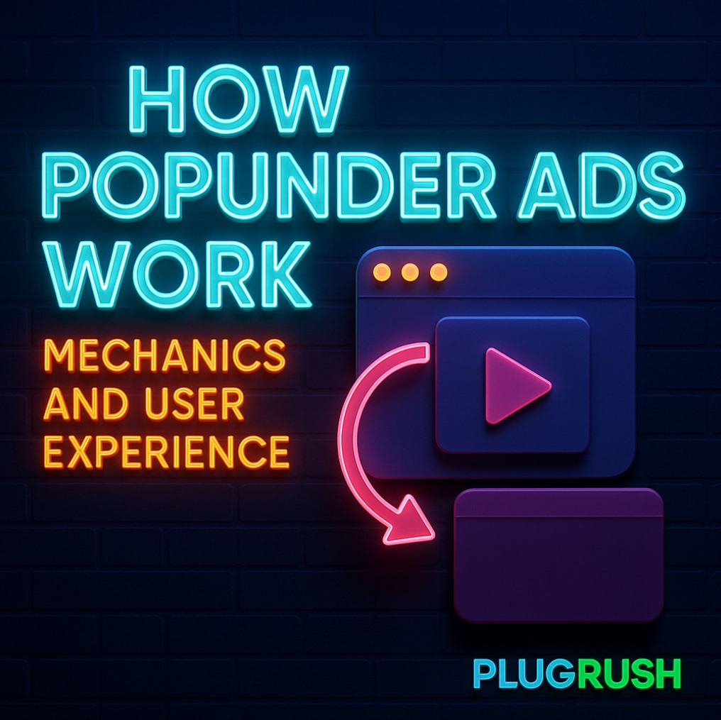 3D neon graphic showing how popunder ads work with PlugRush logo and browser window visuals.