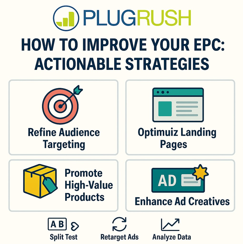 Strategies to improve EPC: refine targeting, optimize landing pages, promote high-value products, enhance creatives.