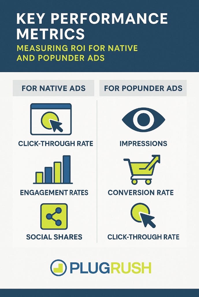 Infographic comparing key performance metrics for measuring ROI in native ads and popunder ads.