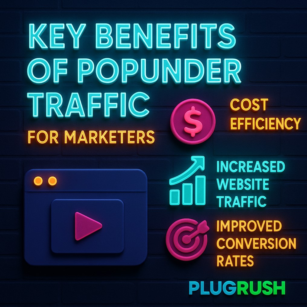 3D neon graphic showing key benefits of popunder traffic with PlugRush logo and icons for cost, traffic, and conversions.