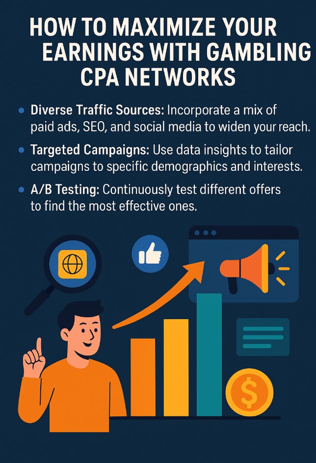 Infographic titled 'How to Maximize Your Earnings with Gambling CPA Networks' showing three tips, diverse traffic sources, targeted campaigns, and A/B testing