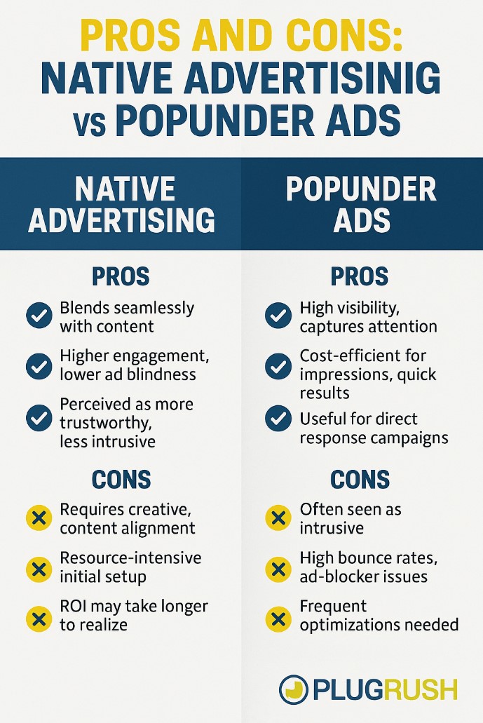 Infographic comparing pros and cons of native advertising versus popunder ads in clear side-by-side columns.
