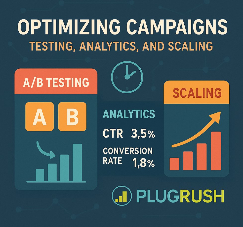 PlugRush graphic showing A/B testing, analytics, CTR, and scaling tips for optimizing adult push ad campaigns.