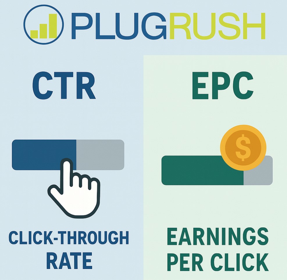 PlugRush infographic comparing CTR with a click bar and EPC with a coin and progress bar in flat design style.