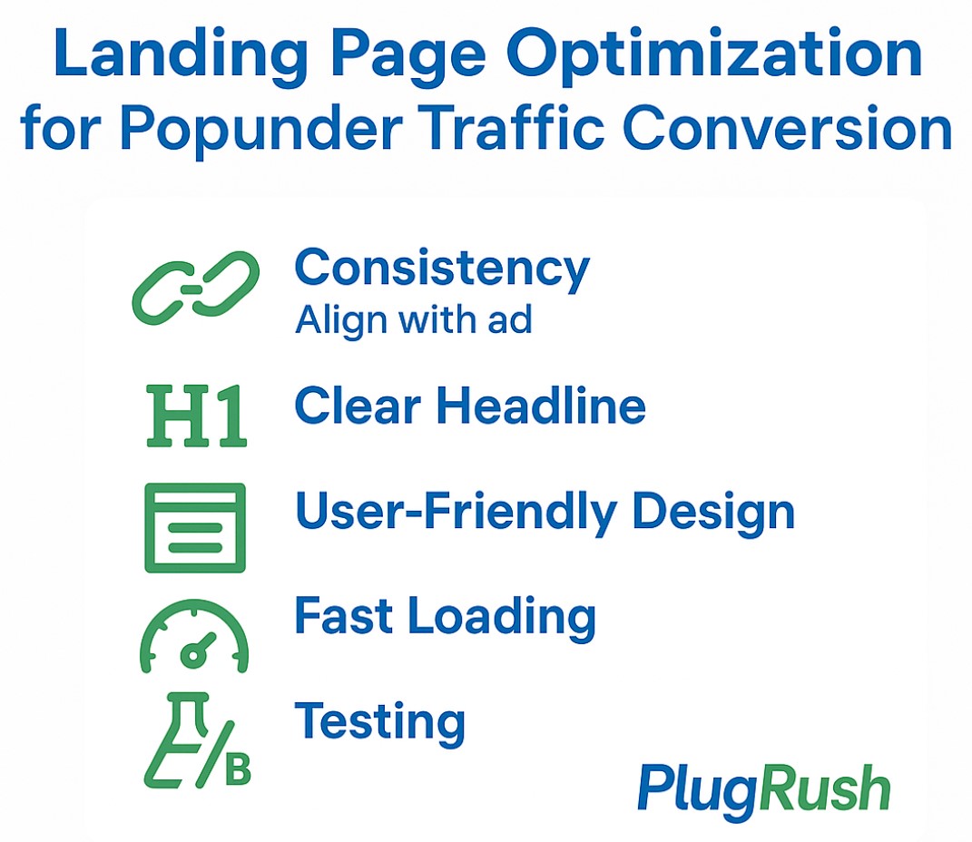 Flat infographic on landing page optimization: consistency with ad, clear headline, easy UX, fast loading, and testing. PlugRush logo.