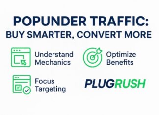 How to Buy Popunder Traffic That Actually Converts Featured image—“Popunder Traffic: Buy Smarter, Convert More” with clear icons for mechanics, benefits, targeting, and PlugRush logo.