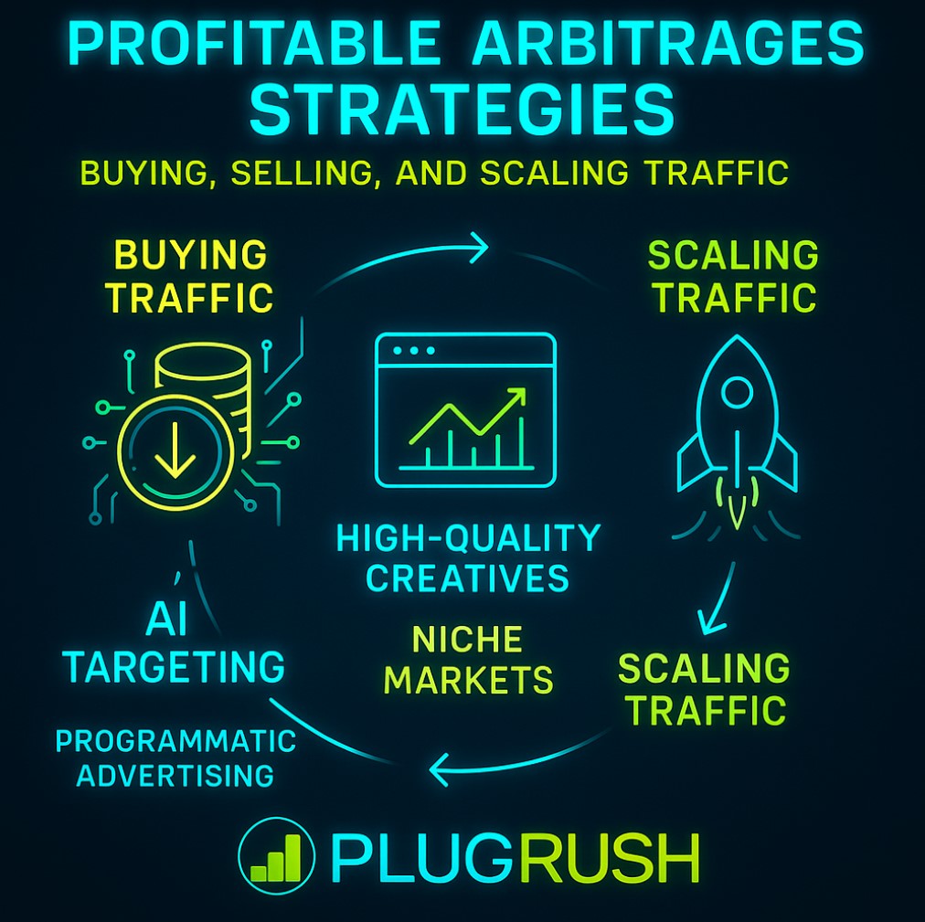 Infographic showing profitable arbitrage strategies with steps for buying traffic, selling with high-quality creatives.