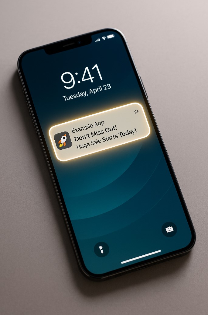 iPhone lock screen showing a highlighted push notification ad example.