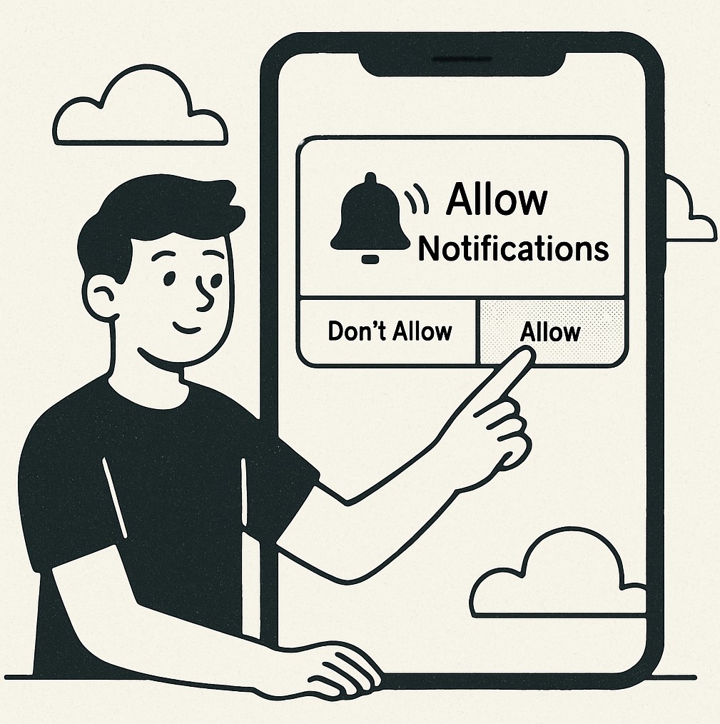 Illustration of a person enabling push notifications on a smartphone by tapping the Allow button.
