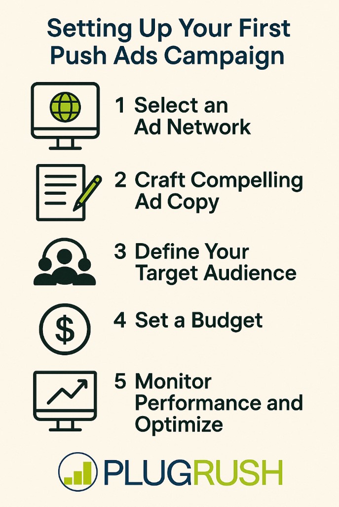 Infographic showing five steps to set up a push ads campaign with icons for network, ad copy, audience, budget, and analytics