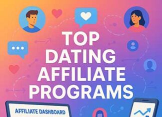 Top Dating Affiliate Programs Reviewed Colorful illustration with bold text 'Top Dating Affiliate Programs' in the center, surrounded by laptop and smartphone dashboards, heart icons, profile avatars, and the PlugRush logo.