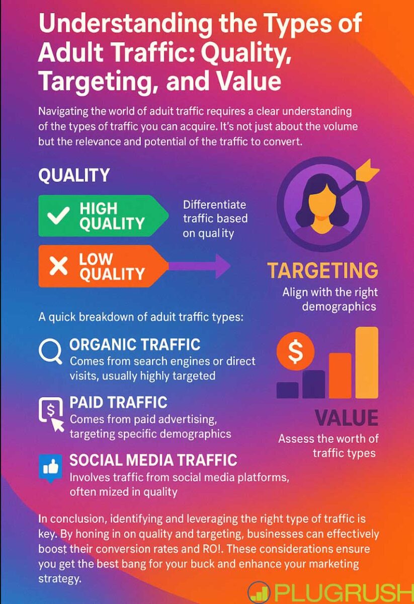 Infographic explaining with text and images what adult website traffic is, focusing on organic and paid traffic.