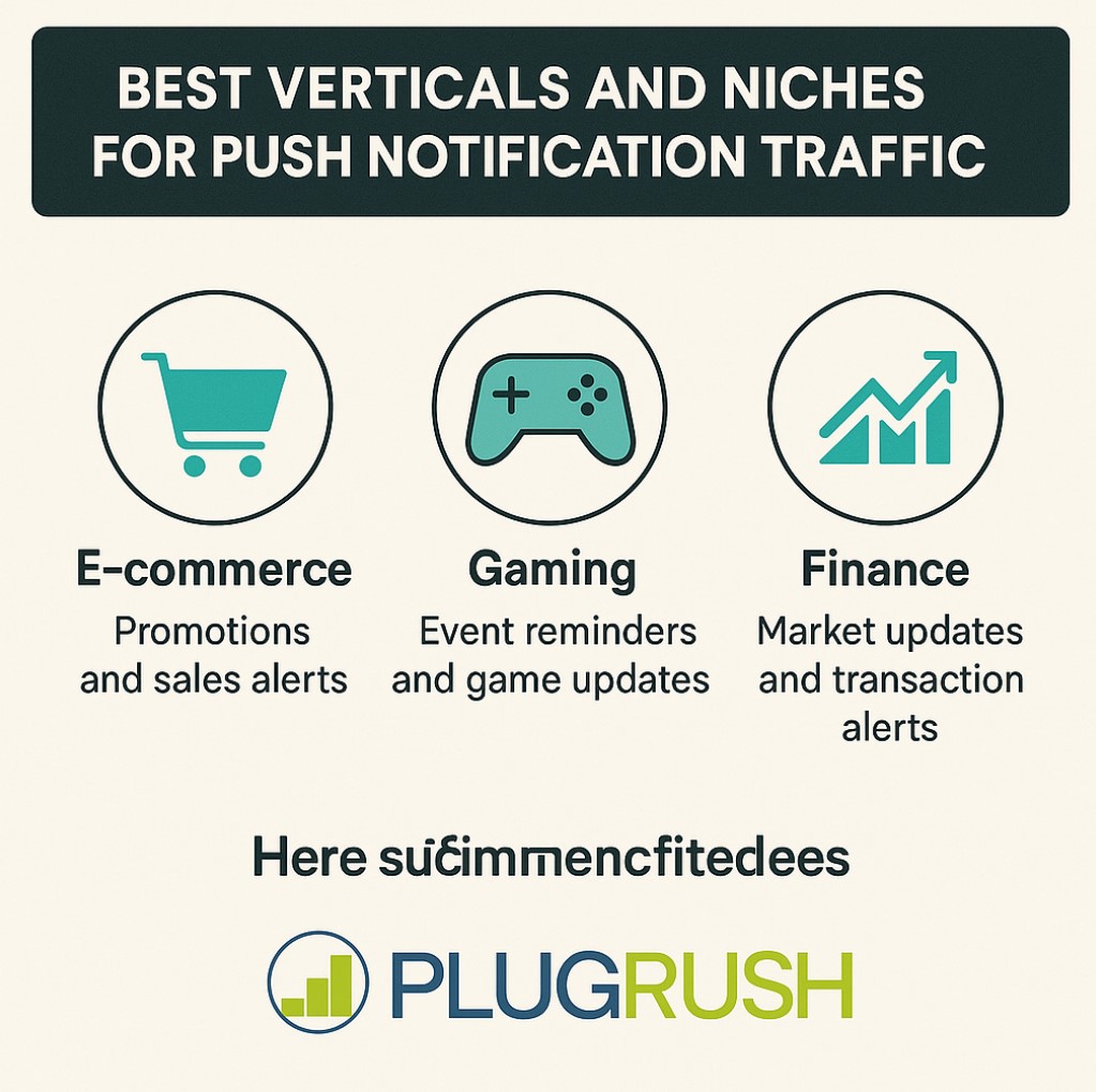 Infographic showing best niches for push notification traffic with icons for e-commerce, gaming, and finance