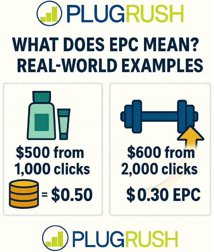 EPC real-world examples: skincare campaign $500 from 1,000 clicks = $0.50 EPC and fitness gear $600 from 2,000 clicks = $0.30 EPC.