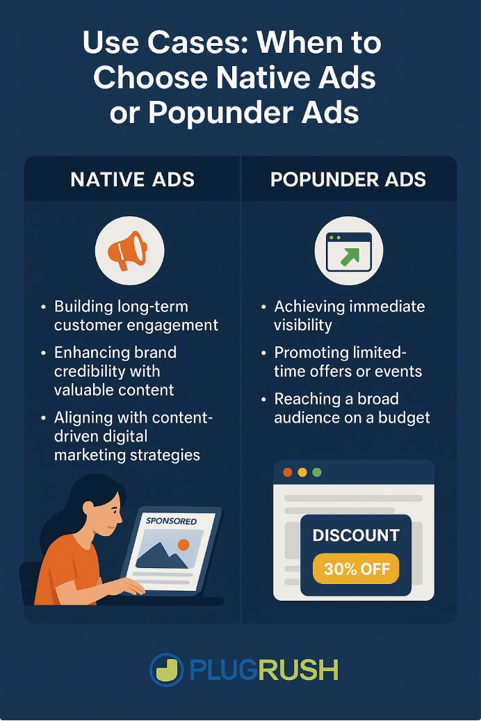Infographic showing when to choose native ads versus popunder ads with use case examples.