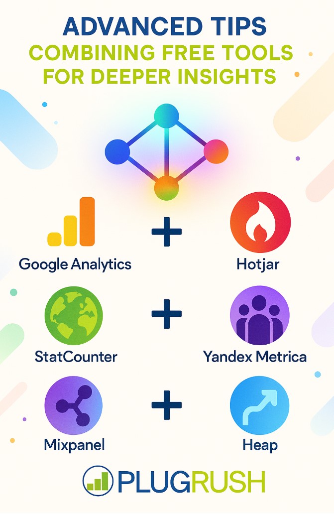 Infographic showing tool pairings: Google Analytics + Hotjar, StatCounter + Yandex Metrica, Mixpanel + Heap, with PlugRush logo.