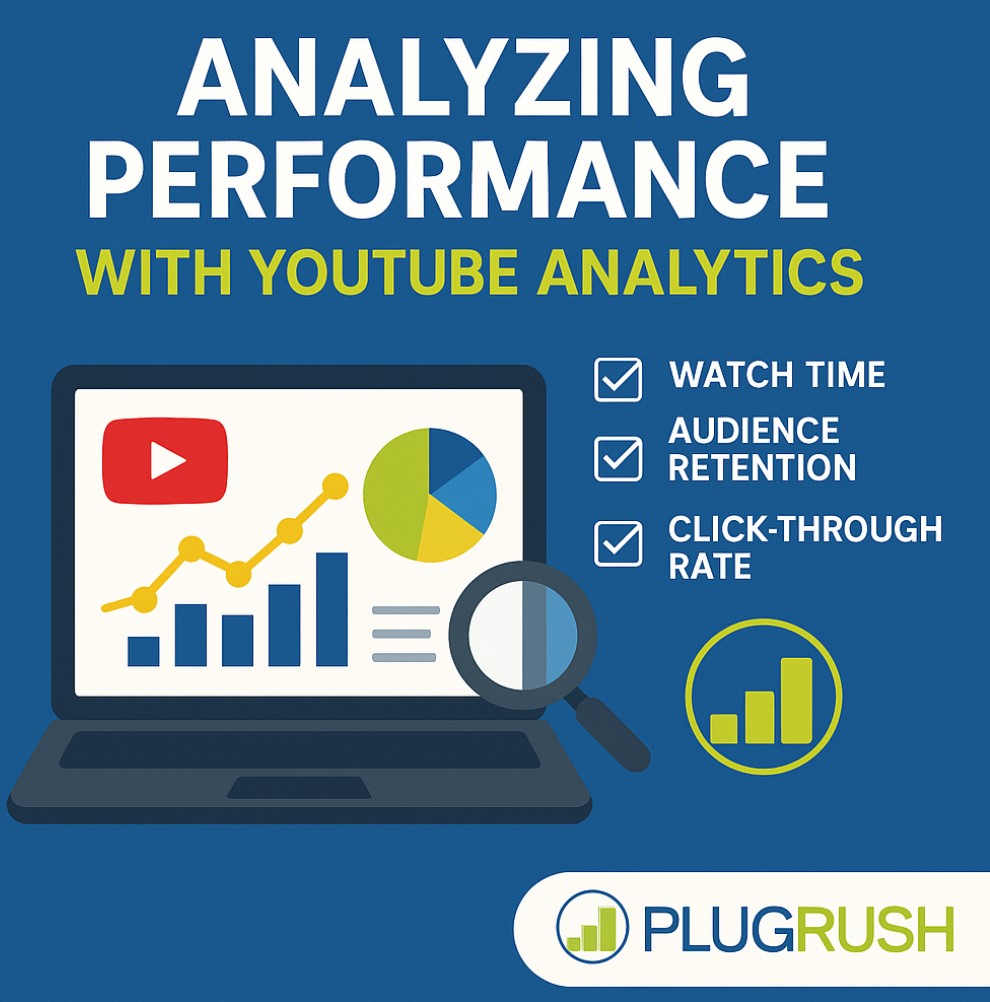 PlugRush graphic on analyzing performance with YouTube Analytics showing graphs and key metrics checklist.