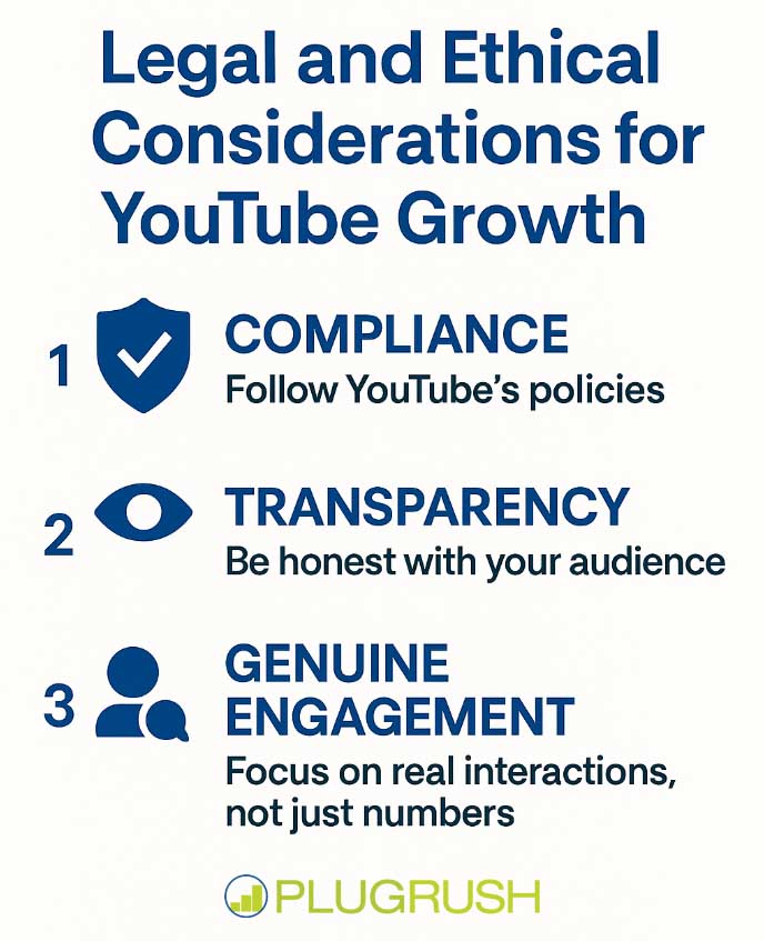 PlugRush infographic on legal and ethical considerations for YouTube growth with icons for compliance, transparency, and genuine engagement.