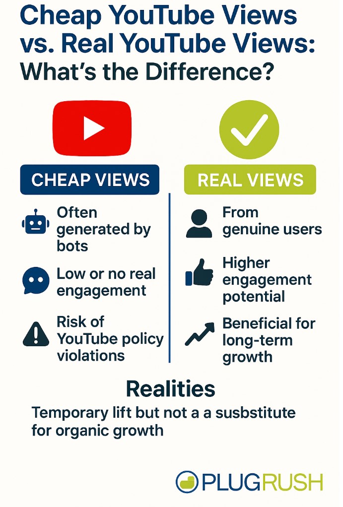 PlugRush infographic comparing cheap vs real YouTube views with pros and cons, bold icons, and official PlugRush logo at bottom.