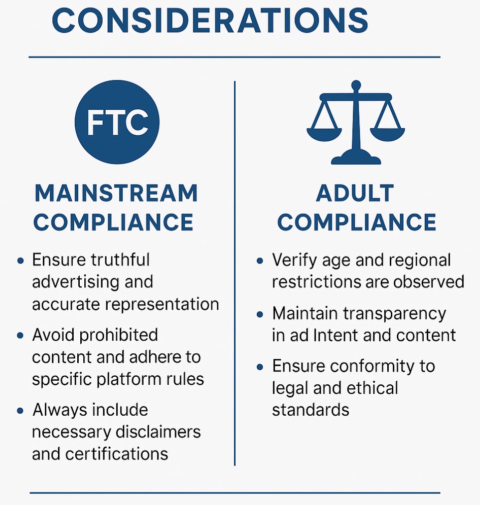 infographic—two columns: mainstream vs adult rules & compliance.