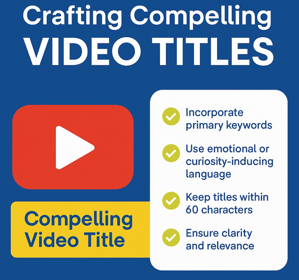 PlugRush graphic on crafting compelling video titles with checklist and play button icon.