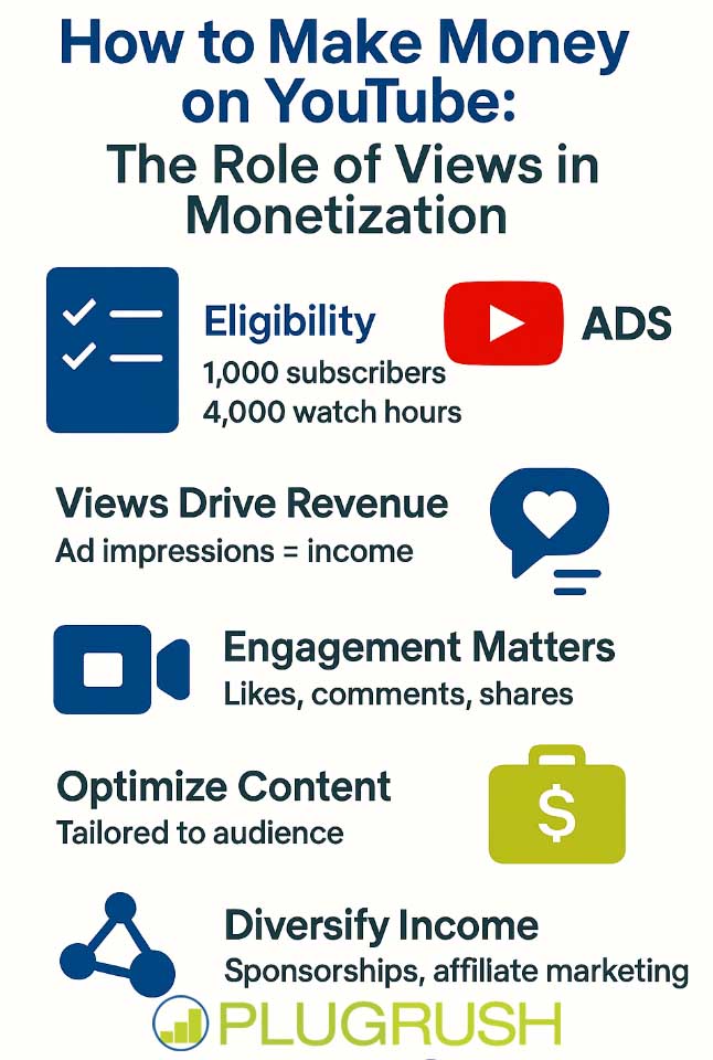 infographic on how to make money on YouTube showing eligibility, views driving revenue, engagement, content optimization, and income diversification.