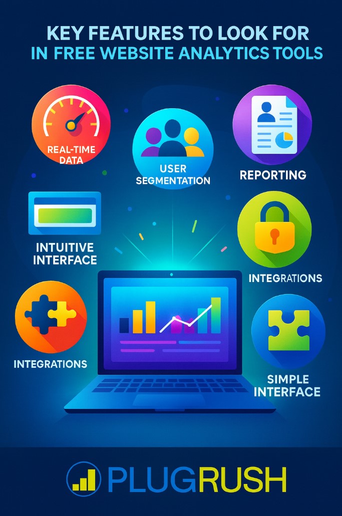Infographic showing key features of free website analytics tools with icons for data, privacy, reporting, and PlugRush logo.
