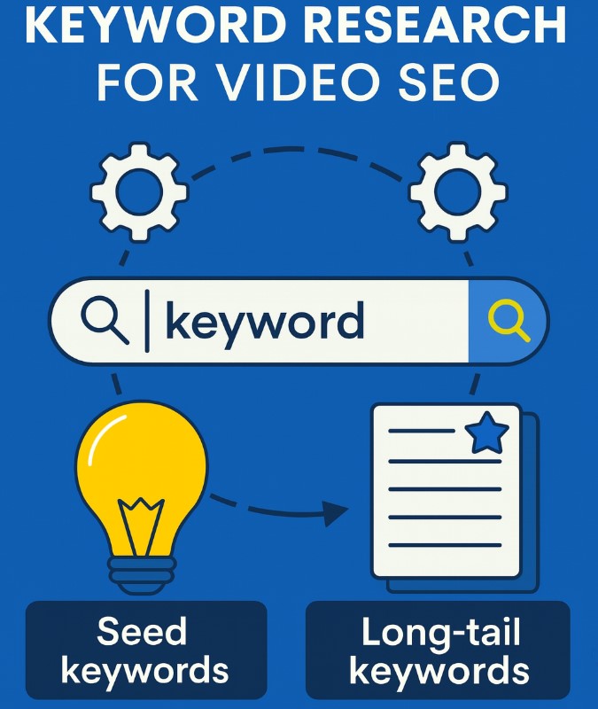 PlugRush graphic showing keyword research for video SEO with seed and long-tail keyword icons.
