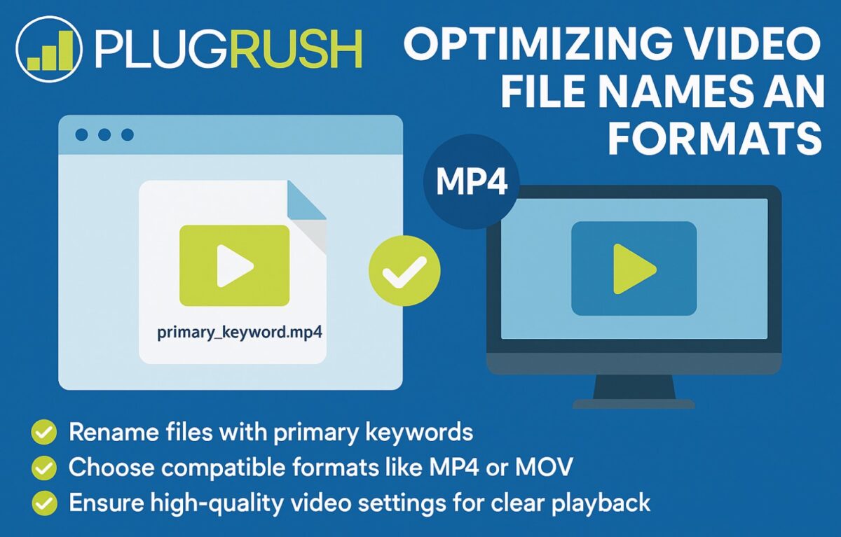 PlugRush graphic on optimizing video file names and formats with MP4 icon and checklist.