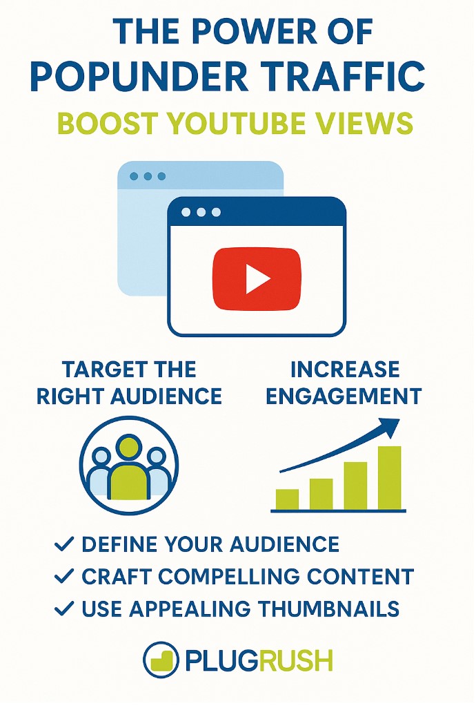 Popunder traffic infographic with PlugRush branding showing how to boost YouTube views through audience targeting and increased engagement.