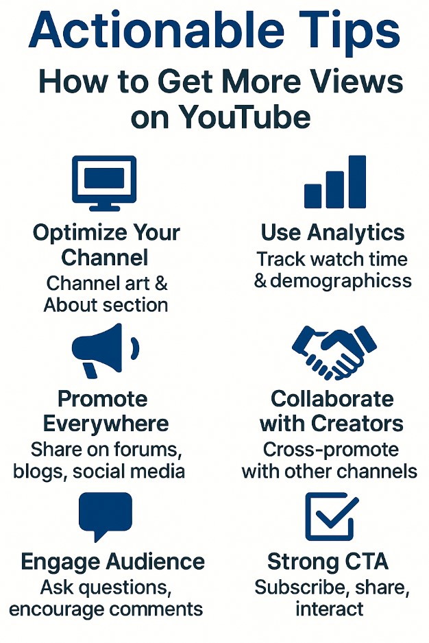 infographic on actionable tips to get more YouTube views with icons for channel optimization, analytics, promotion, collaborations, engagement, and CTAs.